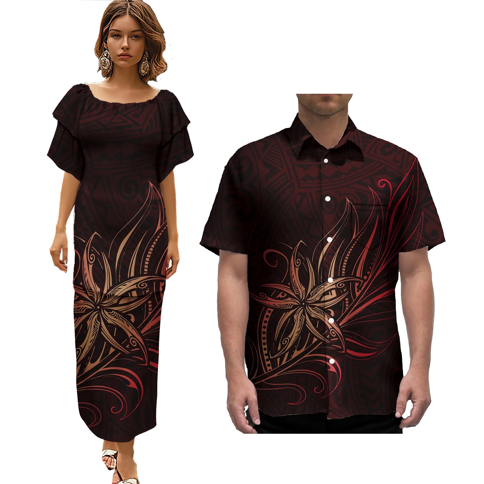 Pacific Island Wedding Party Couple Sets Polynesian Tribal Fijian Print Couple Matching Clothes Women Dress Men Aloha Shirts