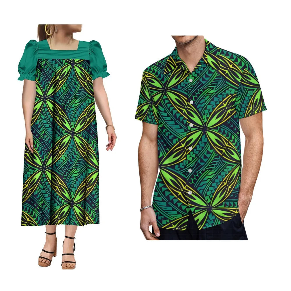 Polynesian Islands Hd Print Fashion Wear Mumu Women'S Square Neck Puffy Sleeve Dress With Summer Men'S Aloha Shirt