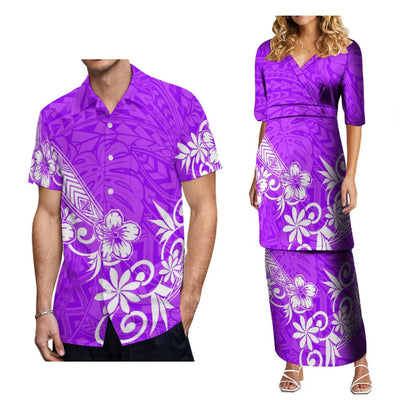 2024 Women'S High-Waisted Dress Puletasi Top And Maxi Pacific Island Holiday Party Outfit Matching Hawaiian Men'S Aloha Shirt