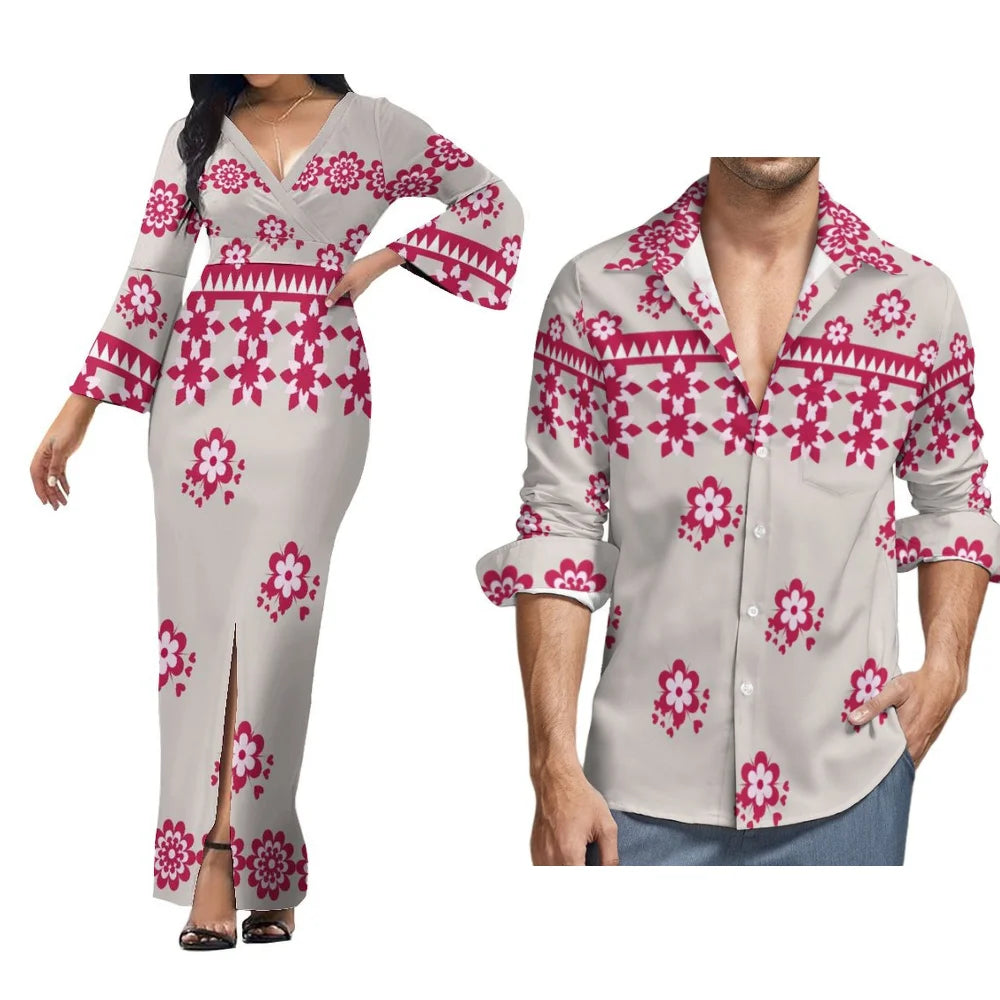 Custom Polynesian Island Style Samoa-Fiji Plus Size Couple Set Women'S Dress Beach Party Split Skirt And Men'S Aloha Shirt