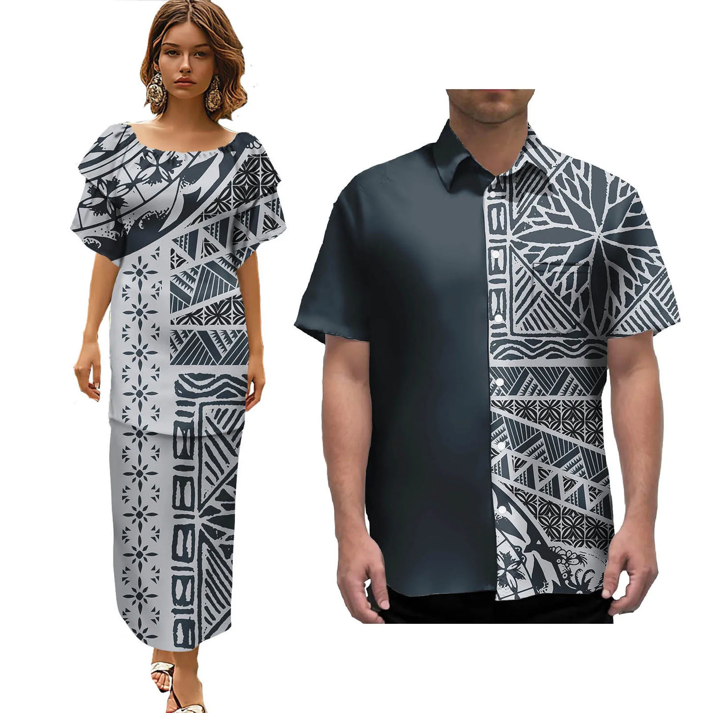Hot Selling Pacific Island Art Trendy Lady Puletasi Dresses and Men Aloha Shirt Polynesian Tribal Couple Suit