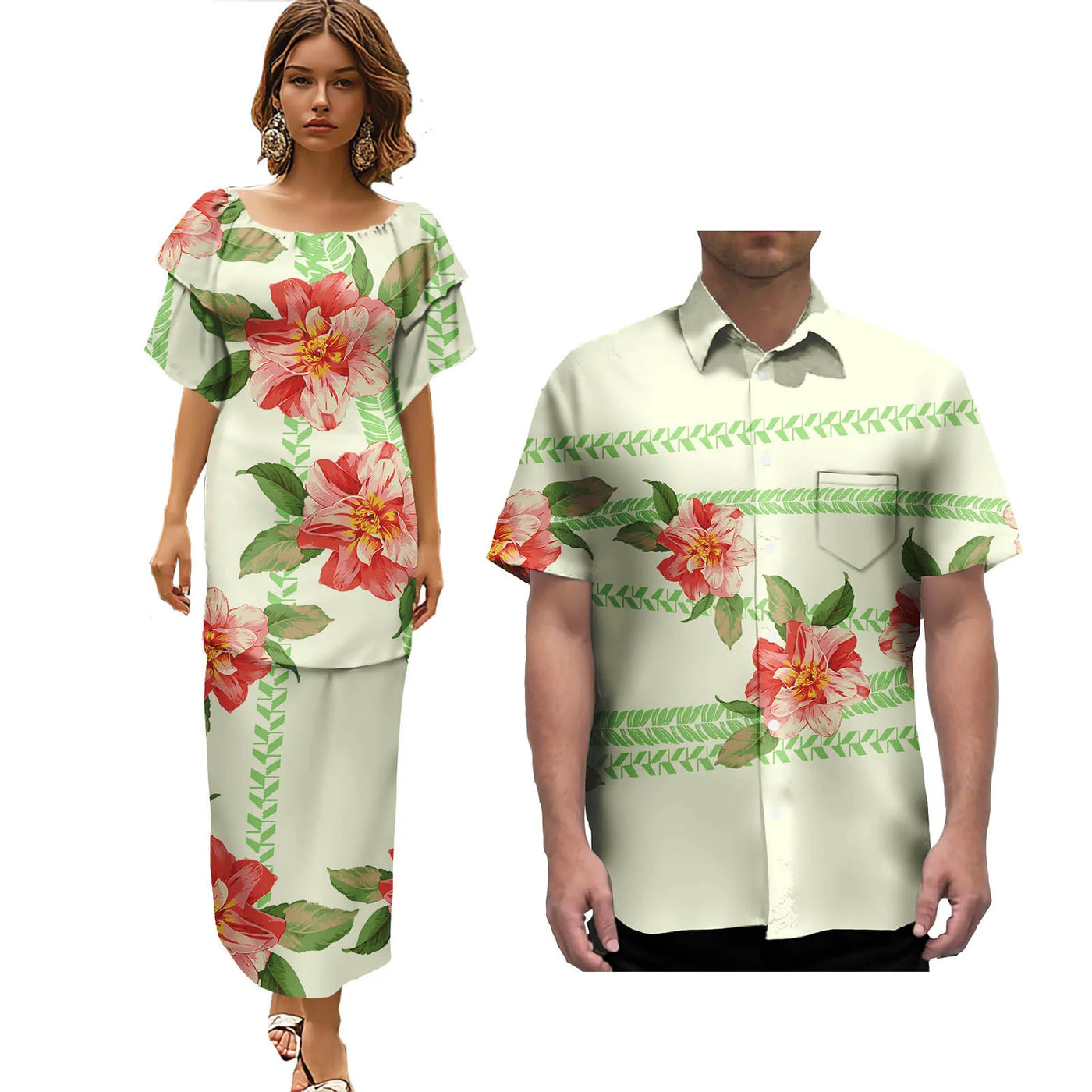 Hot Selling Pacific Island Art Trendy Lady Puletasi Dresses and Men Aloha Shirt Polynesian Tribal Couple Suit