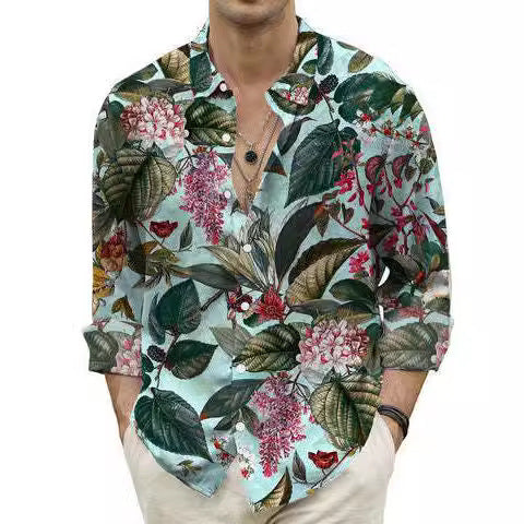 Men's Fashion Casual Digital Printing Beach Hawaii Vacation Long Sleeve Shirt