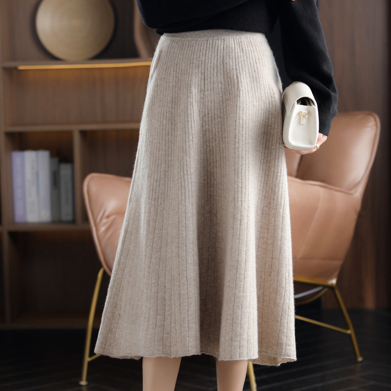 Wool Knitted Stretch Mid-length Cashmere Pleated Skirt