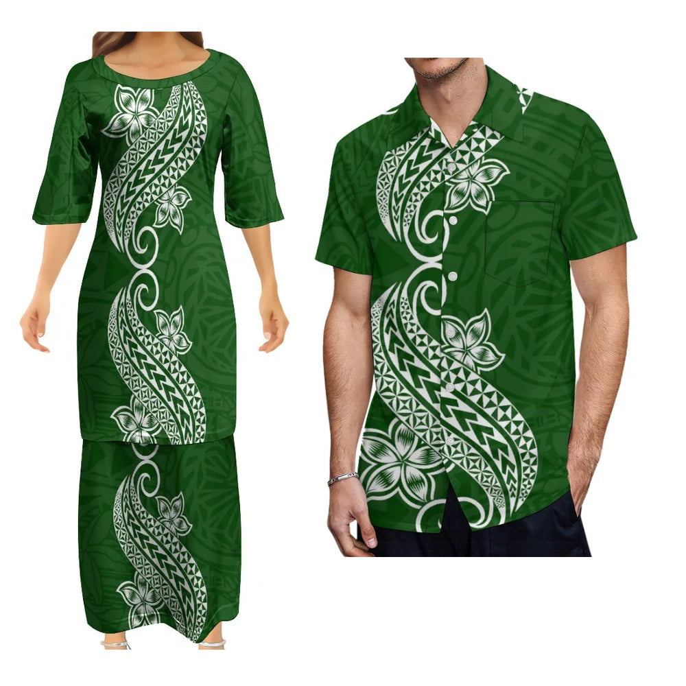 Fashion Island Couple Outfit Puletasi Set Hawaiian Floral Print Women'S Dress Polynesian Pop Samoa Logo Custom Men'S Aloha Shirt