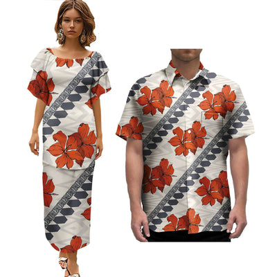 Hot Selling Pacific Island Art Trendy Lady Puletasi Dresses and Men Aloha Shirt Polynesian Tribal Couple Suit
