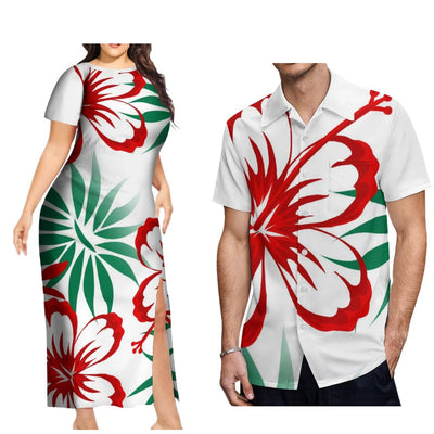 New Design Fashion Couple Set Aloha Shirt For Men And Slit Long Skirt For Women Quality Dress Polynesian Island