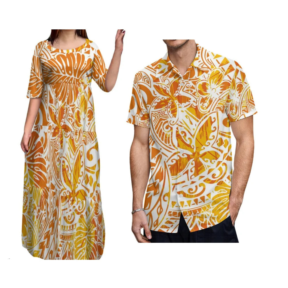 Island-Style Couple Set Elegant Women'S Crew-Neck Tiered Dress Full Skirt With Men'S Aloha Shirt Polynesian Island Design