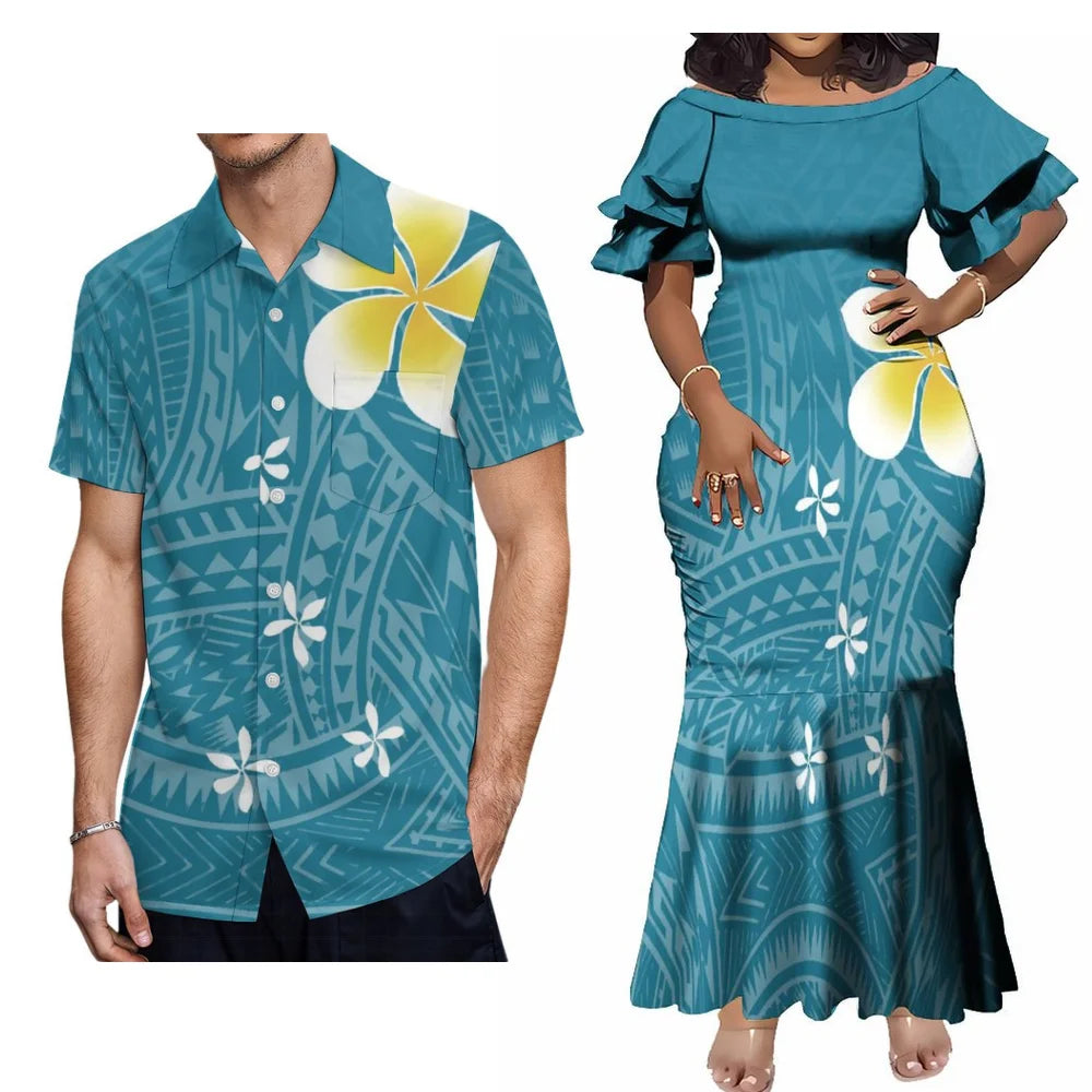Hawaiian Floral Print Samoa Plus-Size Couple Set Pacific Island Sexy Slim-Fit Dress And Men'S Aloha Shirt Support Your Design