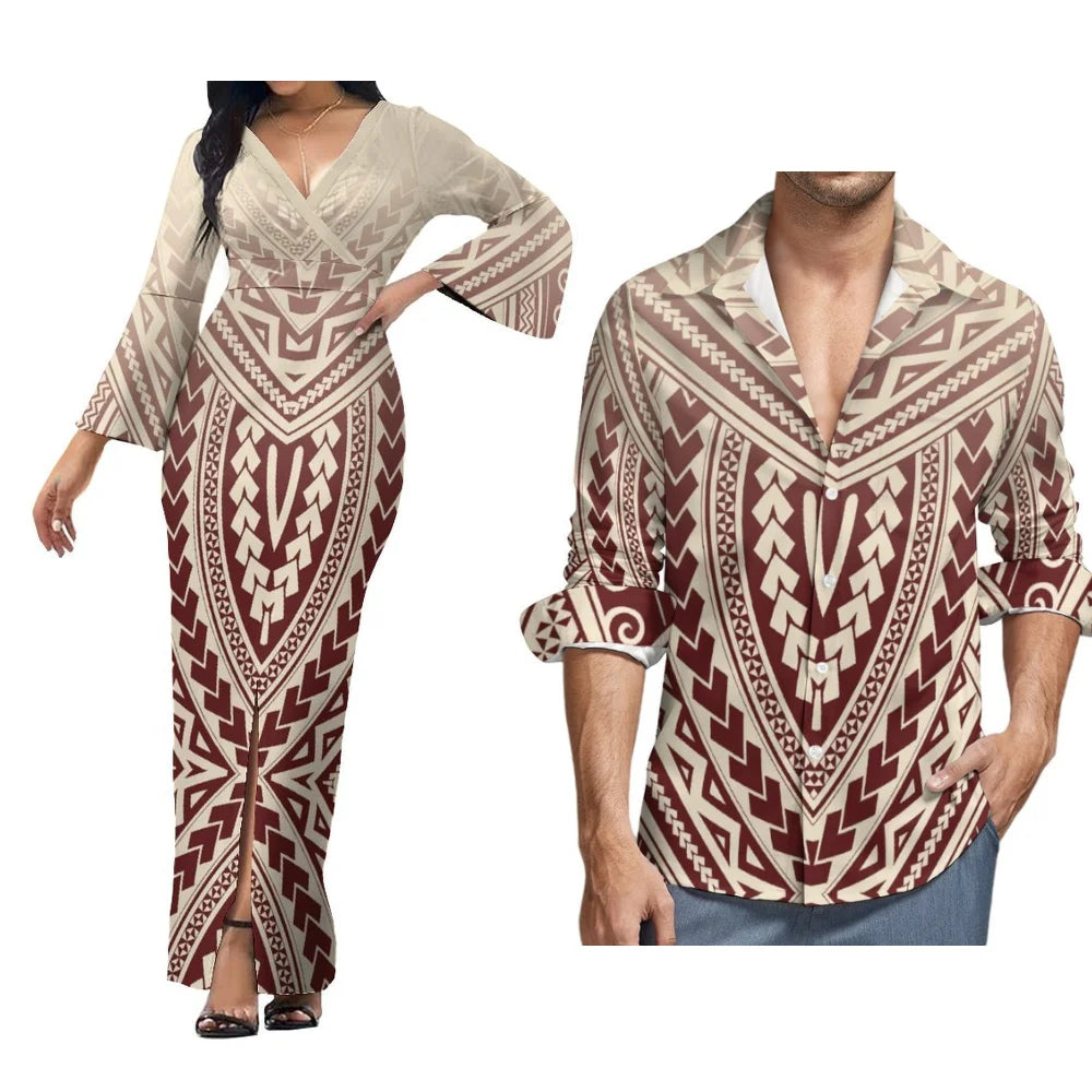 Custom Polynesian Island Style Samoa-Fiji Plus Size Couple Set Women'S Dress Beach Party Split Skirt And Men'S Aloha Shirt