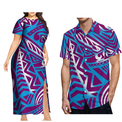 New Design Fashion Couple Set Aloha Shirt For Men And Slit Long Skirt For Women Quality Dress Polynesian Island