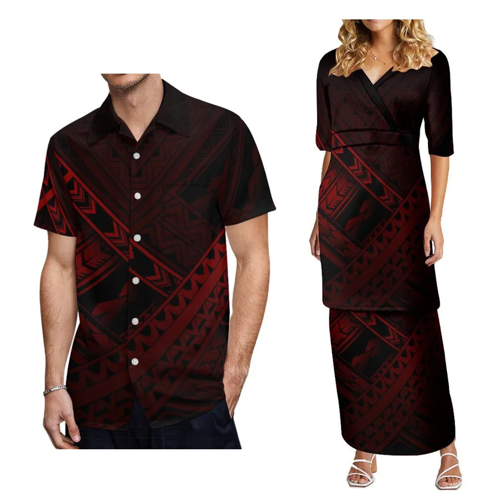 2024 Women'S High-Waisted Dress Puletasi Top And Maxi Pacific Island Holiday Party Outfit Matching Hawaiian Men'S Aloha Shirt
