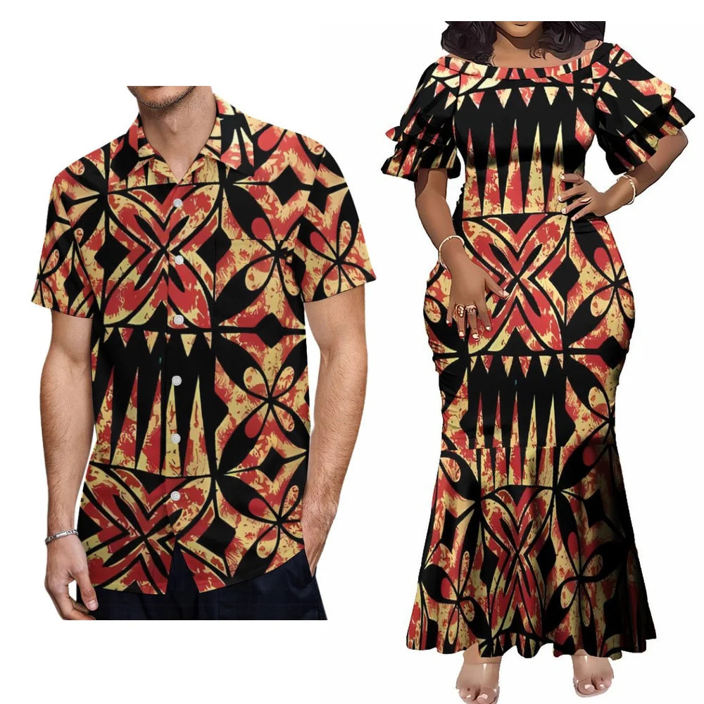 Hawaiian Floral Print Samoa Plus-Size Couple Set Pacific Island Sexy Slim-Fit Dress And Men'S Aloha Shirt Support Your Design