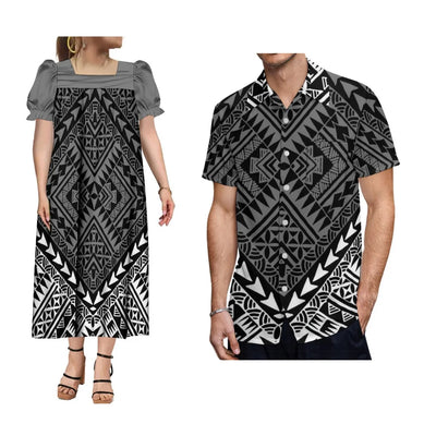 Polynesian Islands Hd Print Fashion Wear Mumu Women'S Square Neck Puffy Sleeve Dress With Summer Men'S Aloha Shirt