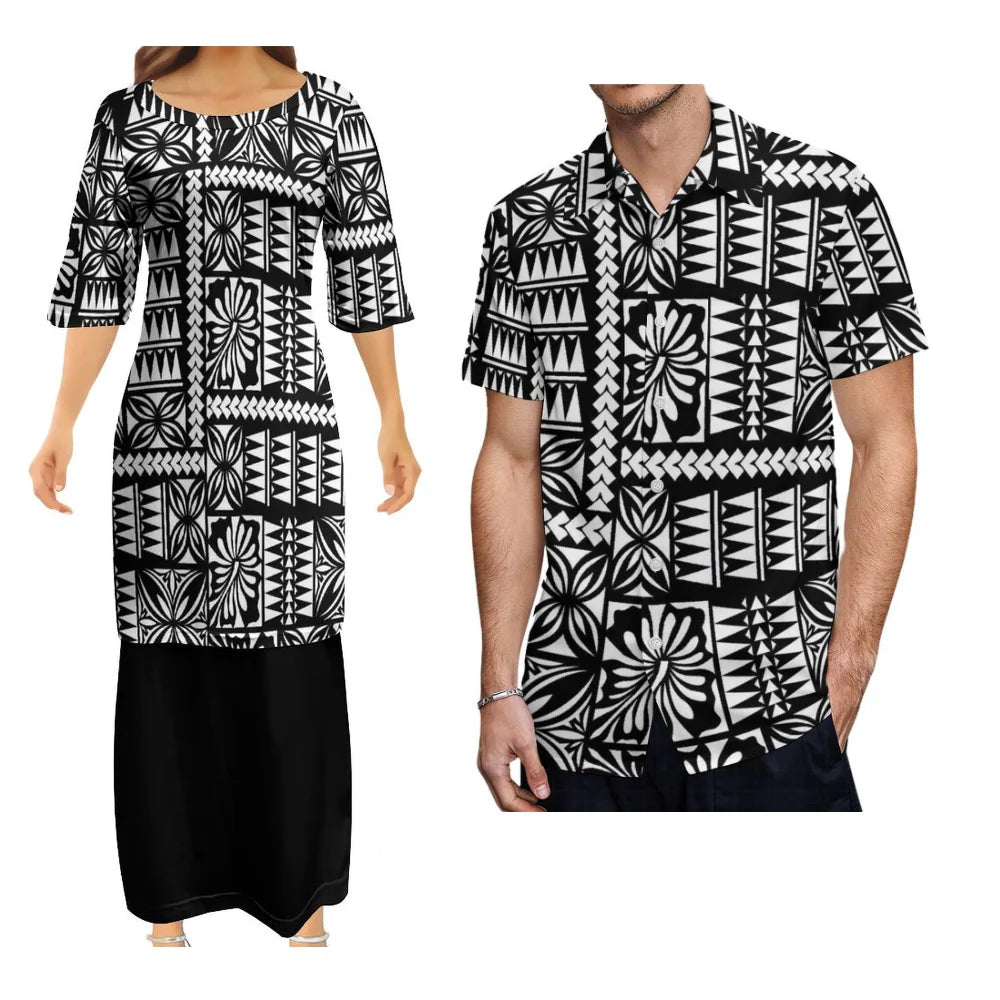 Fashion Island Couple Outfit Puletasi Set Hawaiian Floral Print Women'S Dress Polynesian Pop Samoa Logo Custom Men'S Aloha Shirt