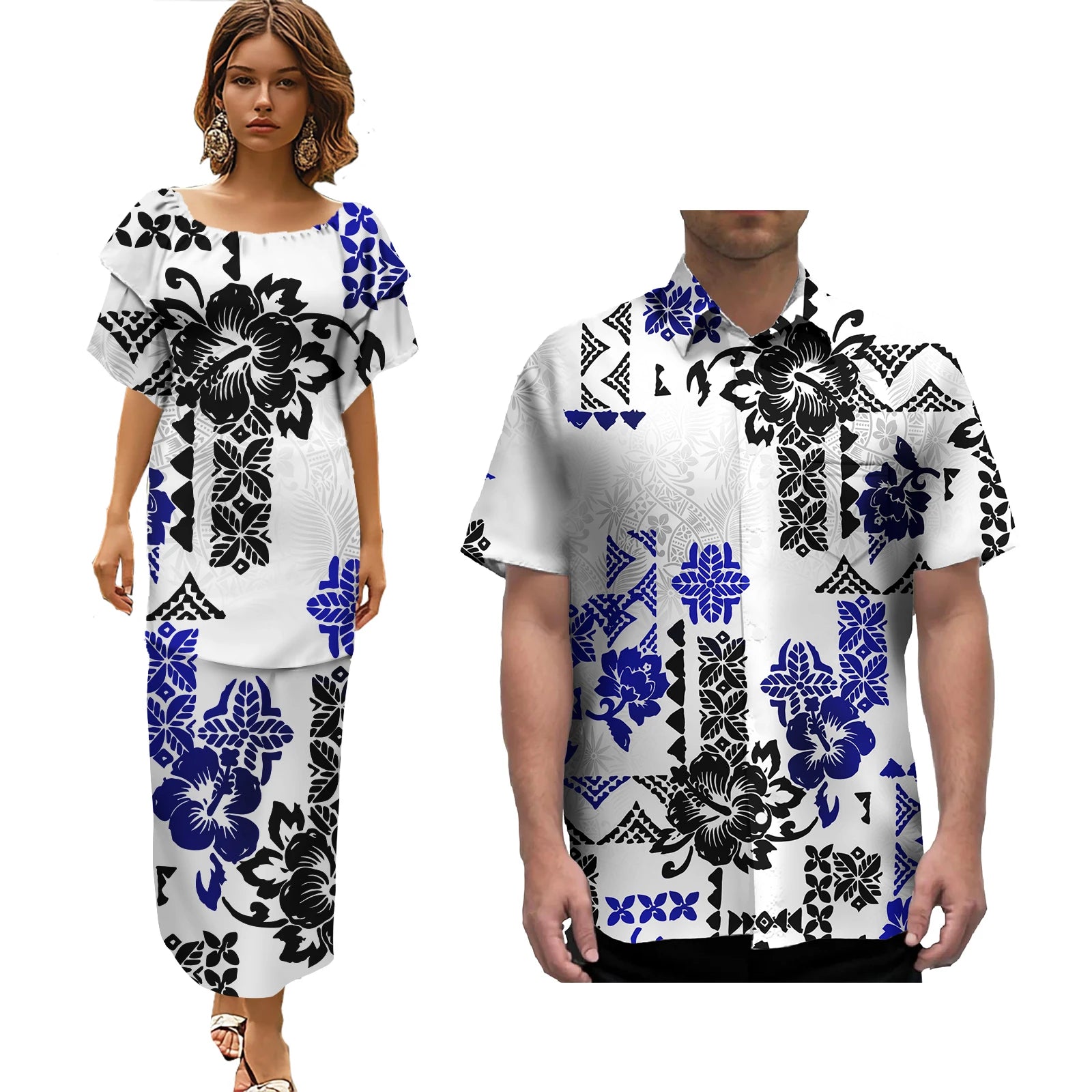 Pacific Island Wedding Party Couple Sets Polynesian Tribal Fijian Print Couple Matching Clothes Women Dress Men Aloha Shirts