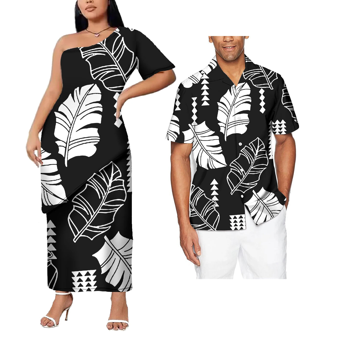Plus Size Custom Couple Of Set Puletasi Samoa 2Pcs Dress And Hawaii Men's Aloha Shirts Polynesian Island His And Hers Clothes