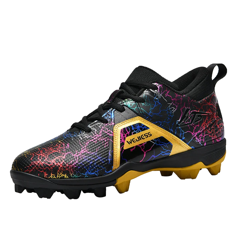 Multicolored soccer cleat with black and yellow accents on a white background