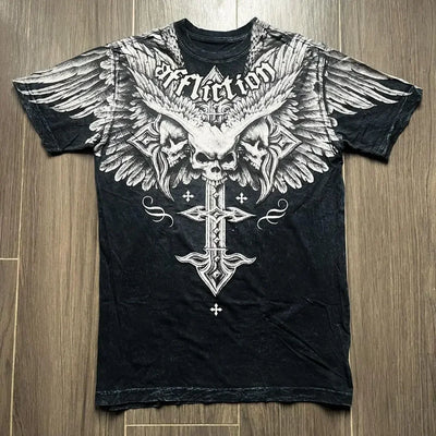 2000s affliction American Retro T shirt Women Red Cotton Round Neck Washed Shirt Hip Hop Couple American Wear Goth T Shirts