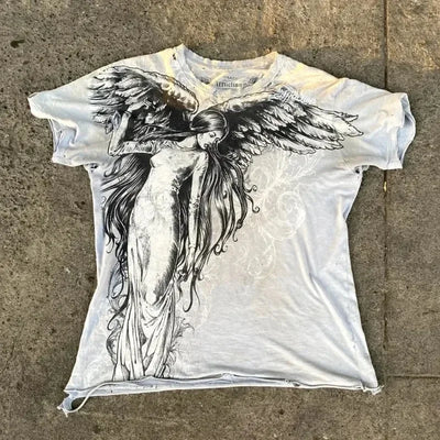 2000s affliction American Retro T shirt Women Red Cotton Round Neck Washed Shirt Hip Hop Couple American Wear Goth T Shirts
