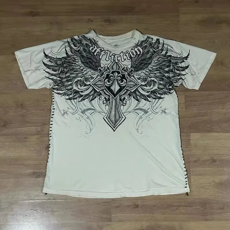 2000s affliction American Retro T shirt Women Red Cotton Round Neck Washed Shirt Hip Hop Couple American Wear Goth T Shirts