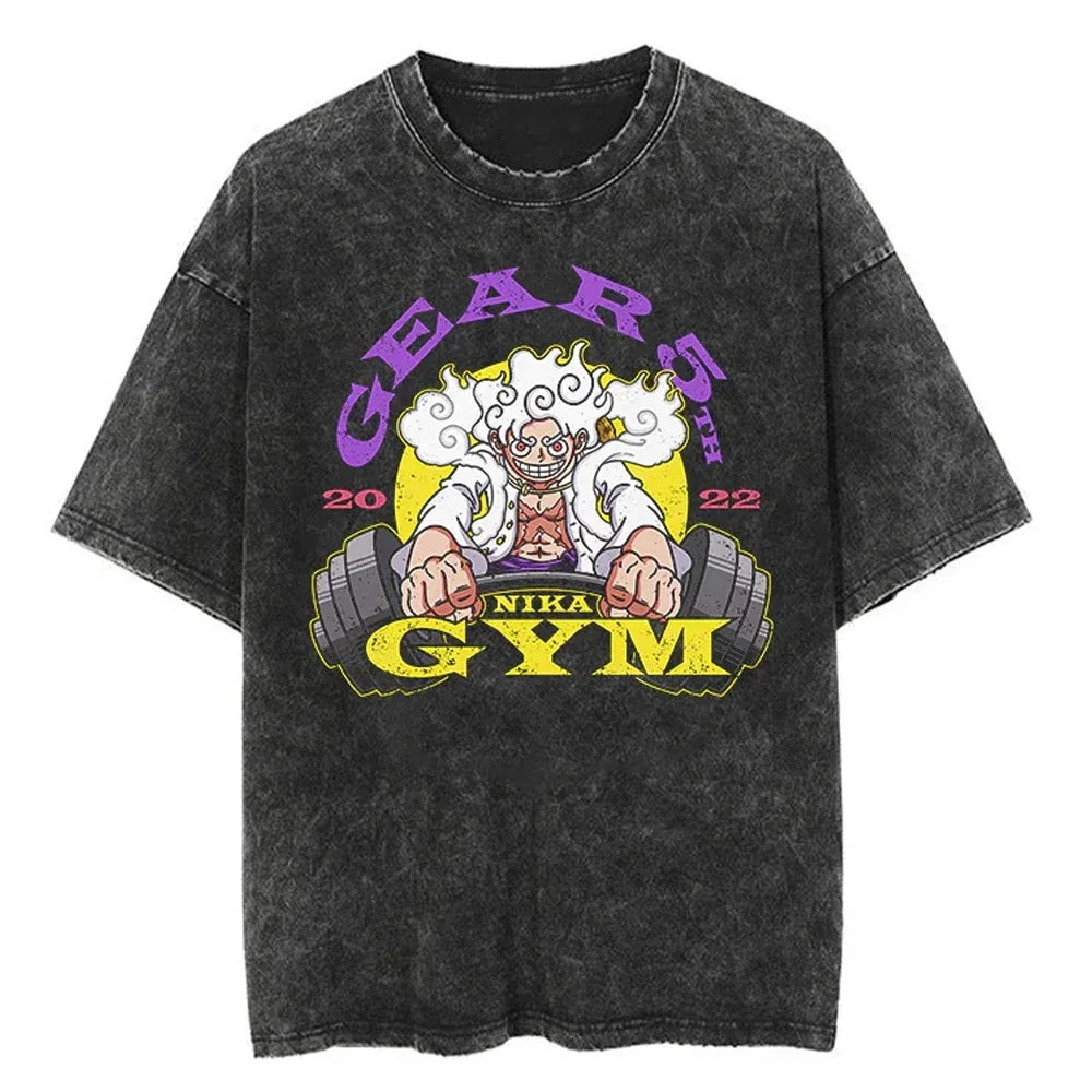 Men Casual Oversized Washed Harajuku T-shirt Washed Japanese Anime One Piece Graphic Loose Streetwear Black Tops Tees