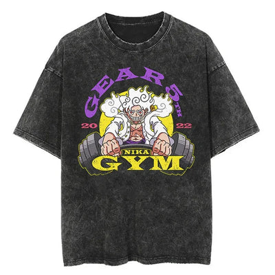 Men Casual Oversized Washed Harajuku T-shirt Washed Japanese Anime One Piece Graphic Loose Streetwear Black Tops Tees