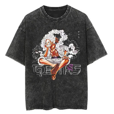 Men Casual Oversized Washed Harajuku T-shirt Washed Japanese Anime One Piece Graphic Loose Streetwear Black Tops Tees