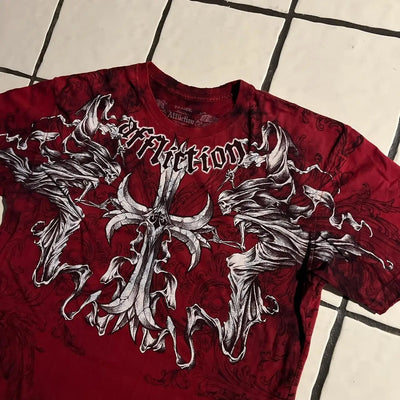 2000s affliction American Retro T shirt Women Red Cotton Round Neck Washed Shirt Hip Hop Couple American Wear Goth T Shirts