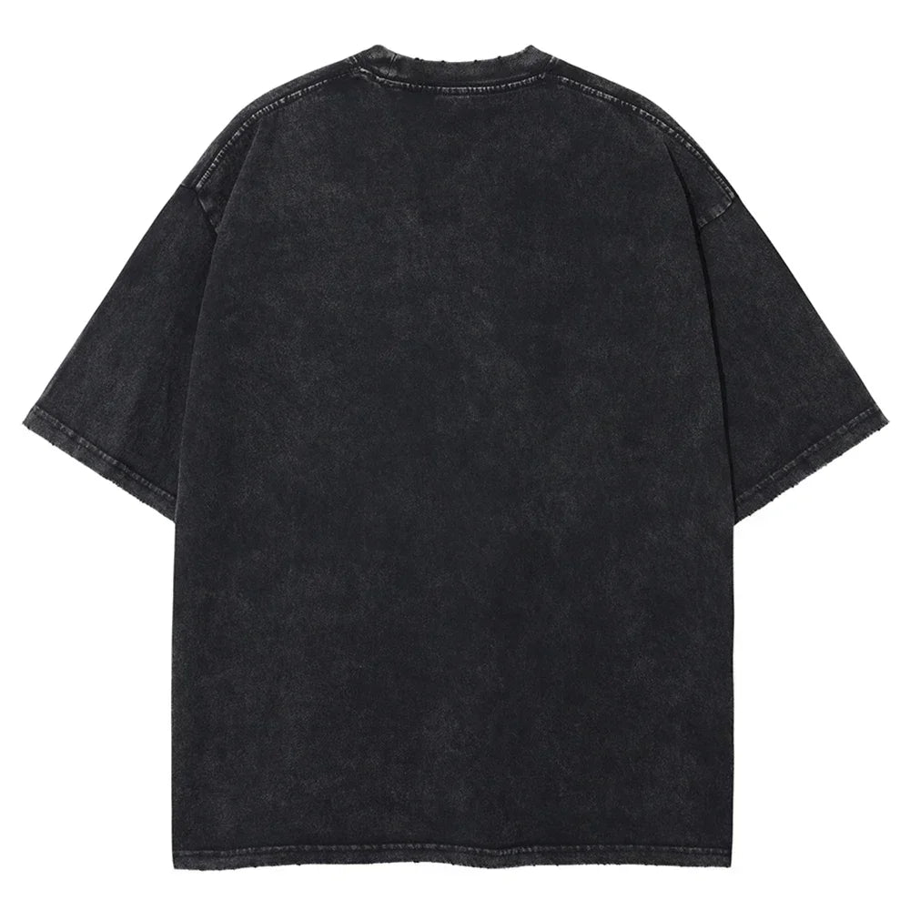 Men Casual Oversized Washed Harajuku T-shirt Washed Japanese Anime One Piece Graphic Loose Streetwear Black Tops Tees