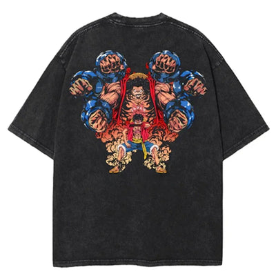 Men Casual Oversized Washed Harajuku T-shirt Washed Japanese Anime One Piece Graphic Loose Streetwear Black Tops Tees