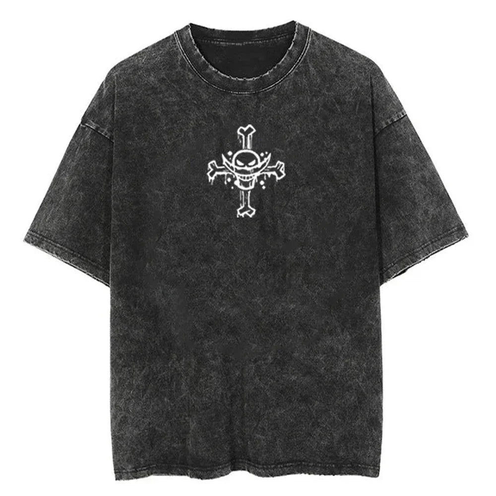 Men Casual Oversized Washed Harajuku T-shirt Washed Japanese Anime One Piece Graphic Loose Streetwear Black Tops Tees