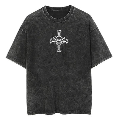 Men Casual Oversized Washed Harajuku T-shirt Washed Japanese Anime One Piece Graphic Loose Streetwear Black Tops Tees