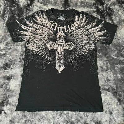 2000s affliction American Retro T shirt Women Red Cotton Round Neck Washed Shirt Hip Hop Couple American Wear Goth T Shirts