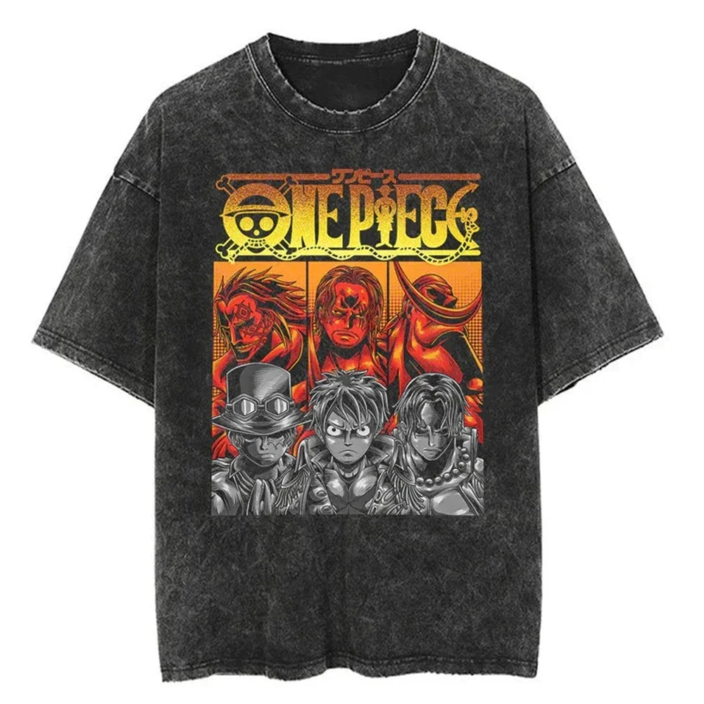 Men Casual Oversized Washed Harajuku T-shirt Washed Japanese Anime One Piece Graphic Loose Streetwear Black Tops Tees