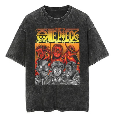 Men Casual Oversized Washed Harajuku T-shirt Washed Japanese Anime One Piece Graphic Loose Streetwear Black Tops Tees
