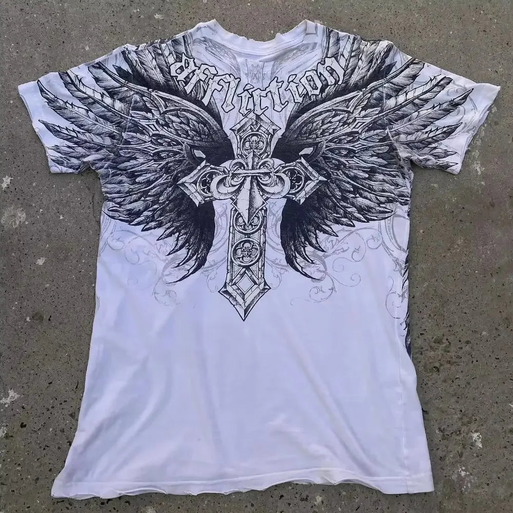 2000s affliction American Retro T shirt Women Red Cotton Round Neck Washed Shirt Hip Hop Couple American Wear Goth T Shirts