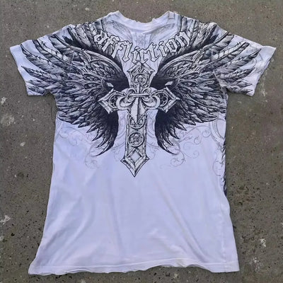 2000s affliction American Retro T shirt Women Red Cotton Round Neck Washed Shirt Hip Hop Couple American Wear Goth T Shirts