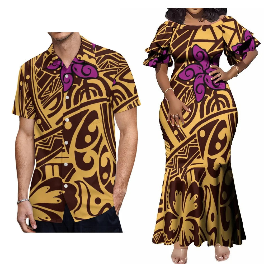 Hawaiian Floral Print Samoa Plus-Size Couple Set Pacific Island Sexy Slim-Fit Dress And Men'S Aloha Shirt Support Your Design