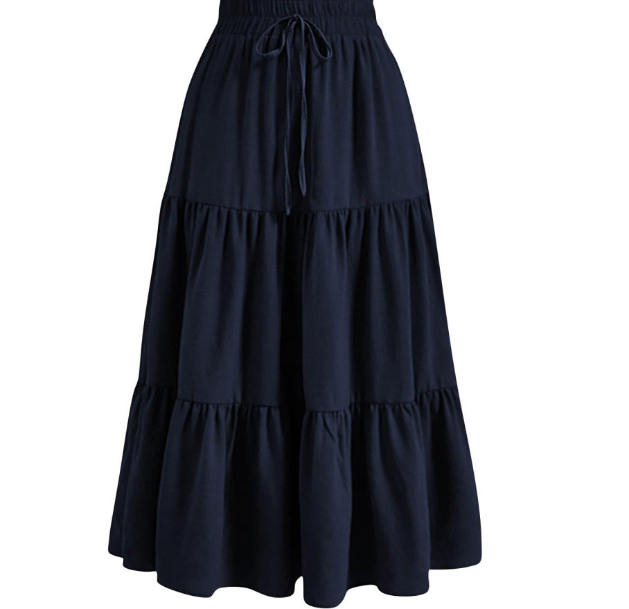 European And American Solid Color Stitching Ruffle Elastic Pocket Skirt