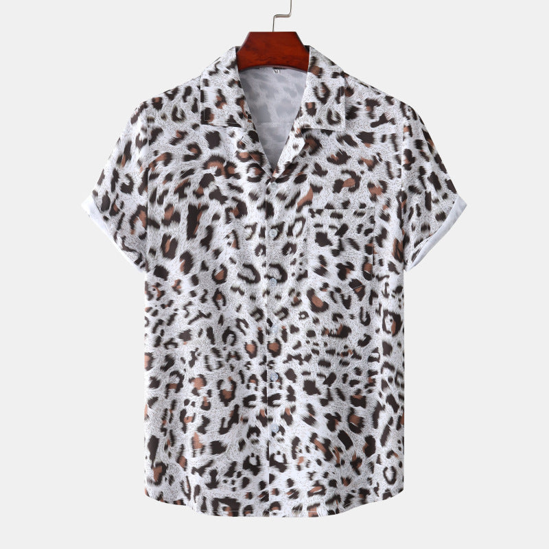 Summer New Hawaii Beach Cuban Collar Ice Silk Digital Printing Leopard Print Short Sleeve Flower Shirt