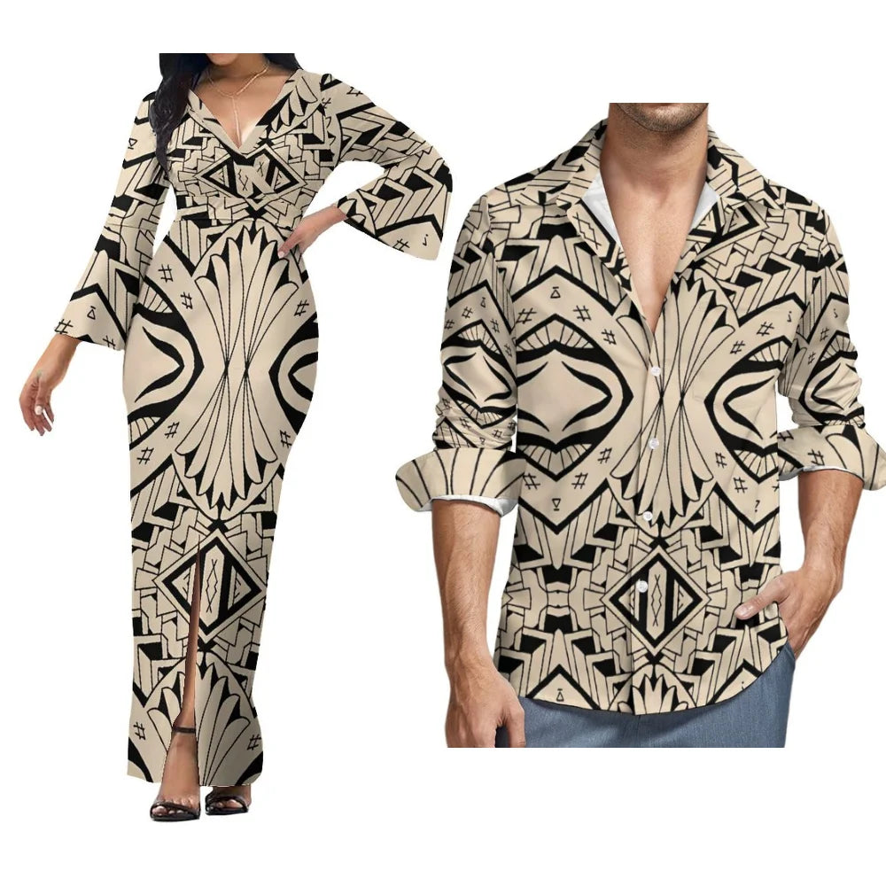 Custom Polynesian Island Style Samoa-Fiji Plus Size Couple Set Women'S Dress Beach Party Split Skirt And Men'S Aloha Shirt
