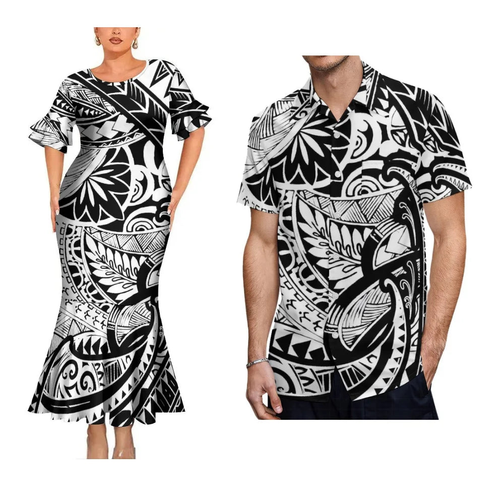 Island Style Couple Set Samoan Art Design Women'S Crew-Neck Fishtail Dress And Pacific Island Art Print Men'S Aloha Shirt
