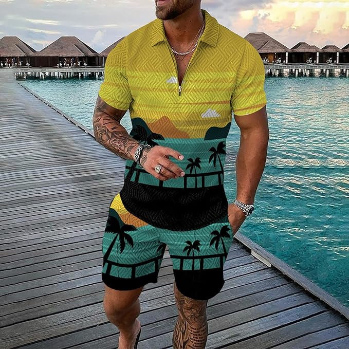 Cross-border Platform Summer 3D Printed Polo Short-sleeved Shorts Suit European And American Style Men's Hawaii 2-piece Set