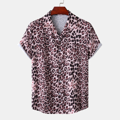 Summer New Hawaii Beach Cuban Collar Ice Silk Digital Printing Leopard Print Short Sleeve Flower Shirt