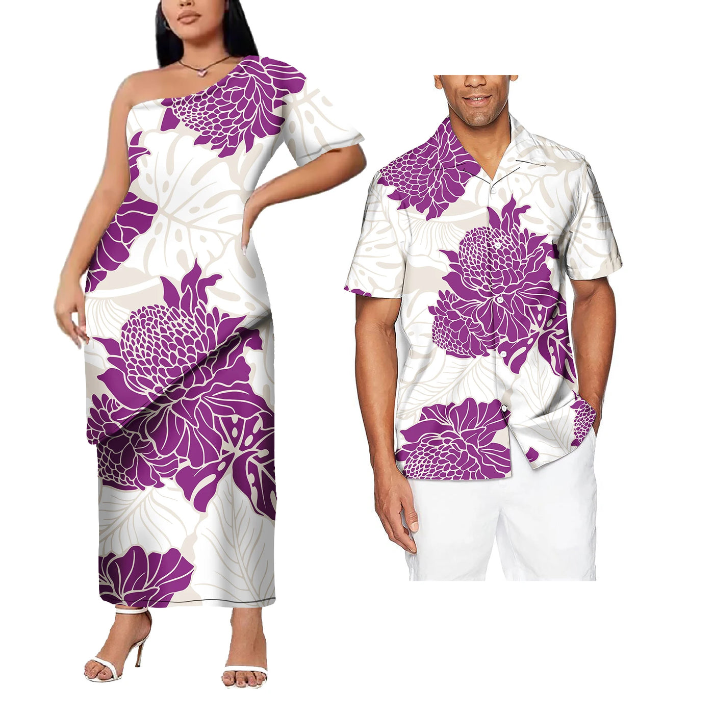 Plus Size Custom Couple Of Set Puletasi Samoa 2Pcs Dress And Hawaii Men's Aloha Shirts Polynesian Island His And Hers Clothes