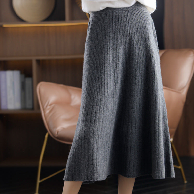 Wool Knitted Stretch Mid-length Cashmere Pleated Skirt