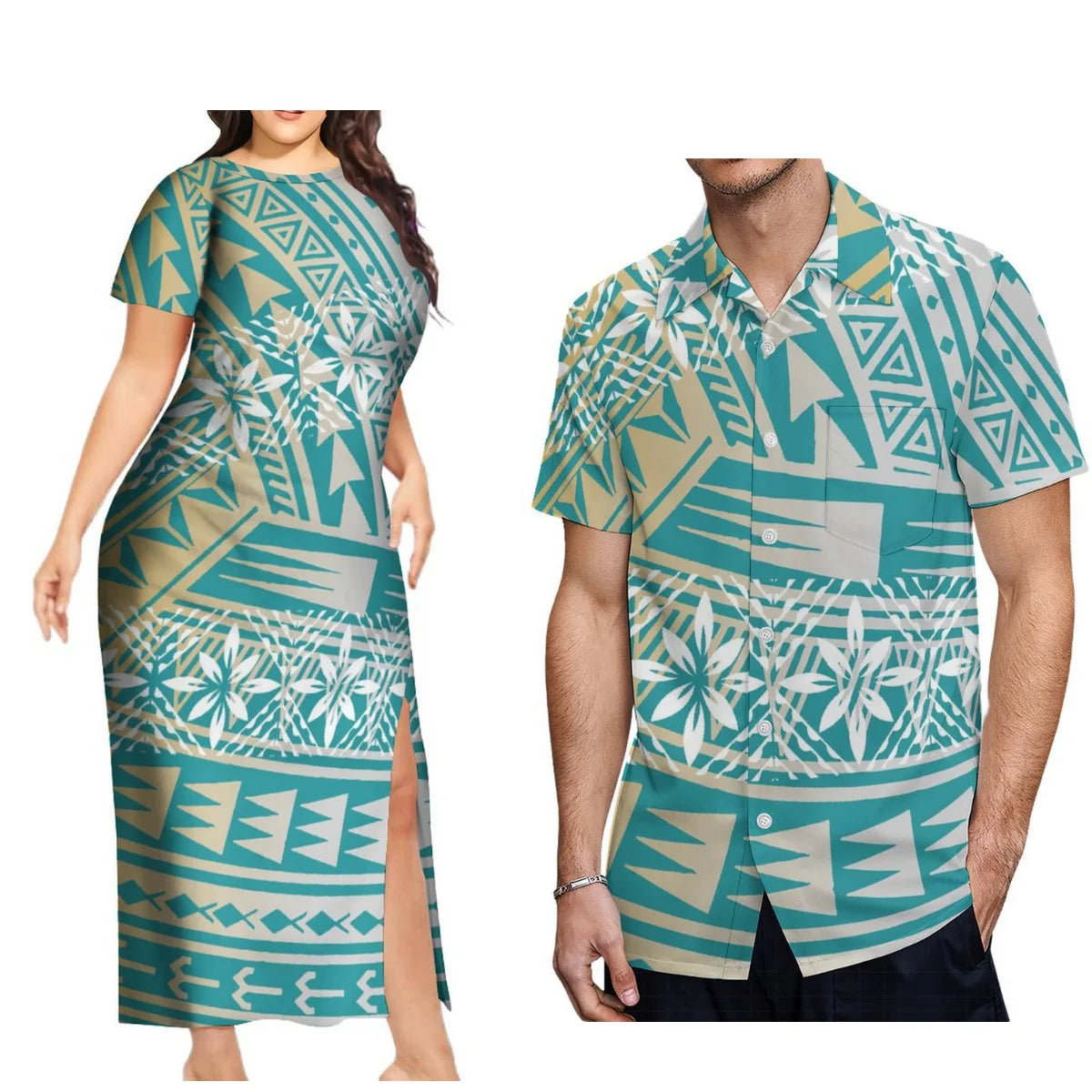 New Design Fashion Couple Set Aloha Shirt For Men And Slit Long Skirt For Women Quality Dress Polynesian Island