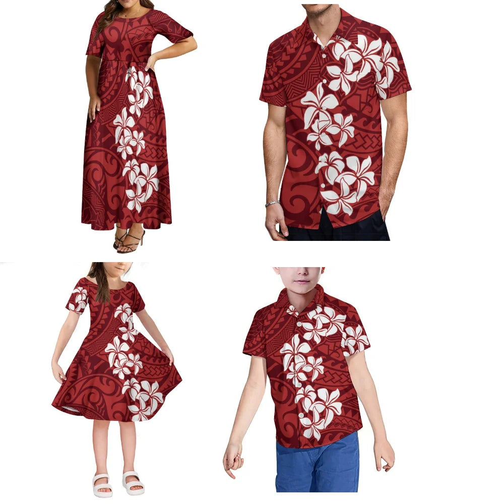 Polynesian Island Custom Family Set Women'S Round-Neck Short-Sleeved Summer High-Waisted Dress And Men'S Aloha Shirt