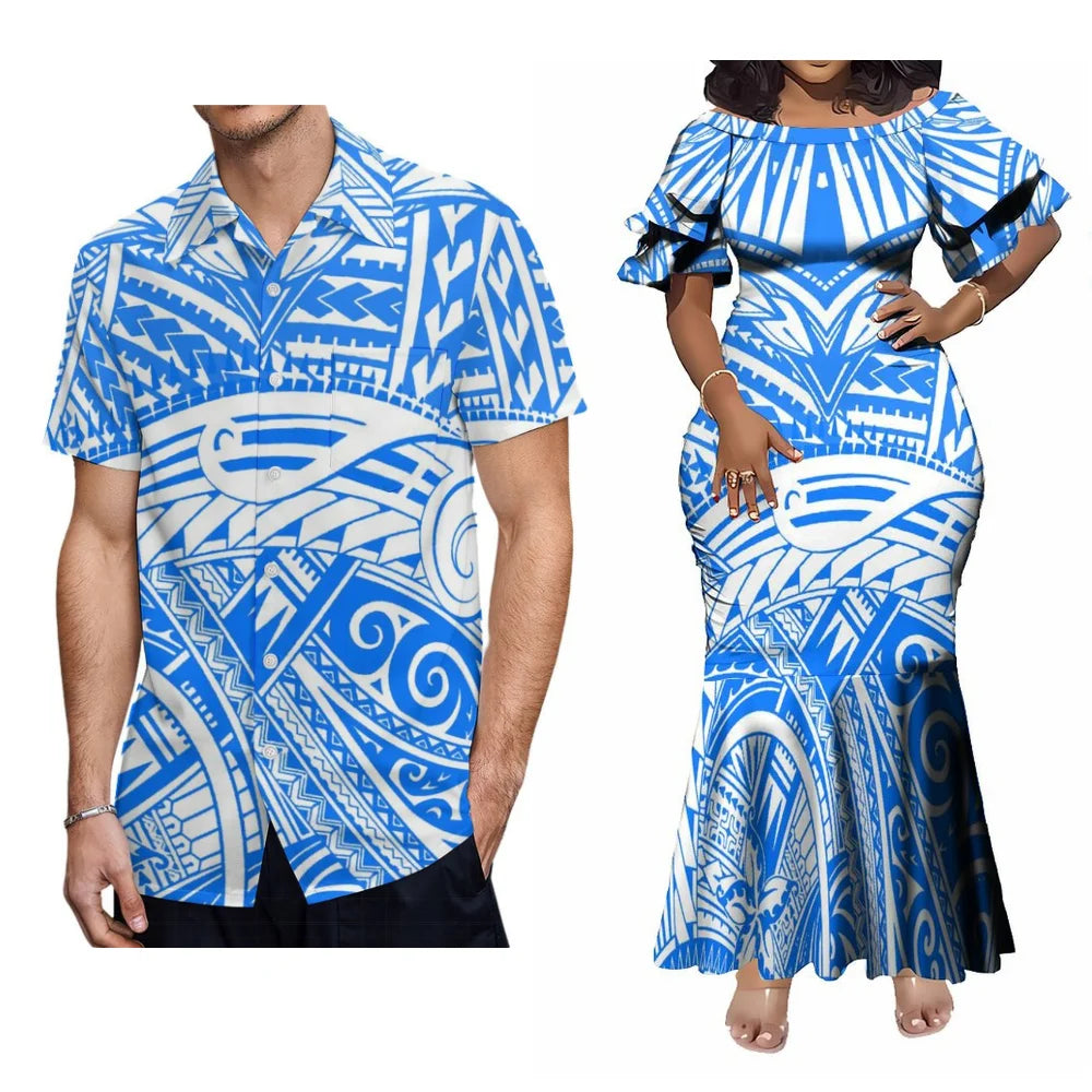 Hawaiian Floral Print Samoa Plus-Size Couple Set Pacific Island Sexy Slim-Fit Dress And Men'S Aloha Shirt Support Your Design